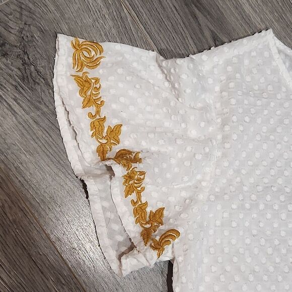White Golden Yellow Embroidered Flutter Sleeve Tie Waist 100% Cotton Blouse - Picture 3 of 8
